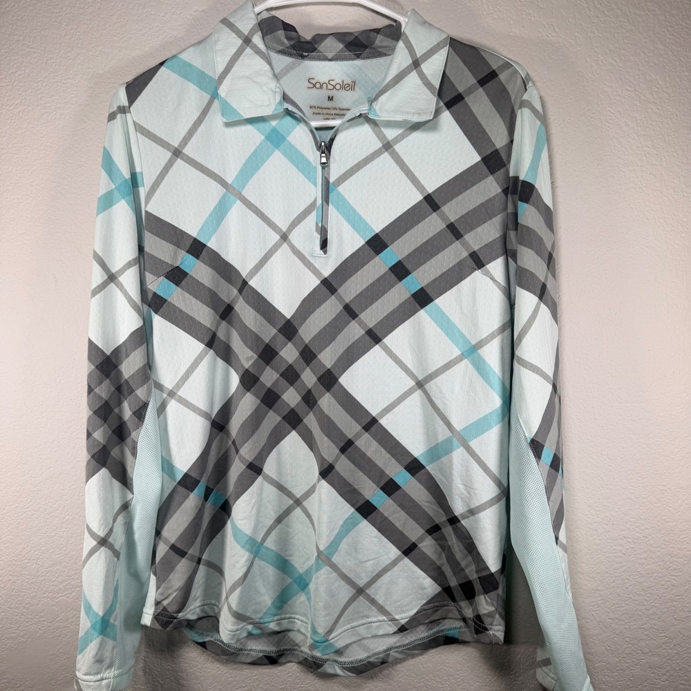 SanSoleil SolCool Womens Plaid UPF 50 Quarter Zip Cooling Golf Top Aqua Blue M